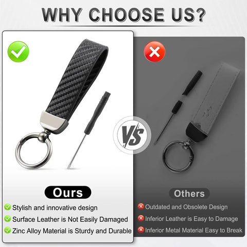 Premium Leather And Slick Carbon Fiber Keychain Featuring An Anti Lost D Ring, comparison showing durability and design.