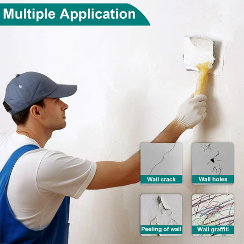 Man using drywall repair kit to fix a wall crack showing multiple applications with 10 Pack Drywall Repair Kit For Large Holes And Small Nail Holes.