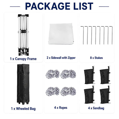 Package components of 10x10 Pop Up Canopy with Sidewalls including frame, sidewall, stakes, wheeled bag, ropes, sandbags