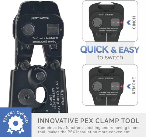 Cinch And Crimp Ratchet PEX Tool For Three Eighths To One Inch Stainless Steel Clamps With Removing Function, front view