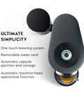 Top view of One Touch Single Serve Coffee And Espresso Maker With 25 Second Heat Up Auto Shut Off And Energy Saver Mode Nespresso Vertuo Plus Style For Home Brewing In Titan Finish showing brewing system features.