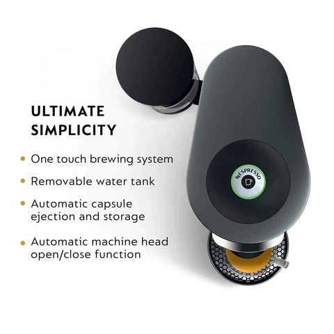 Top view of One Touch Single Serve Coffee And Espresso Maker With 25 Second Heat Up Auto Shut Off And Energy Saver Mode Nespresso Vertuo Plus Style For Home Brewing In Titan Finish showing brewing system features.