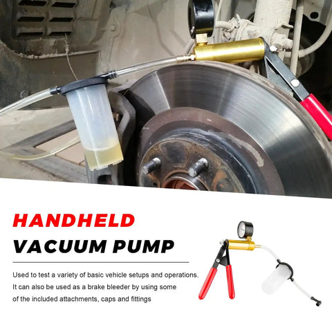 Handheld Vacuum Pump Brake Bleeder Kit With Gauge Adapters For Cars Trucks Motorcycles One Person Fluid Extraction in action.
