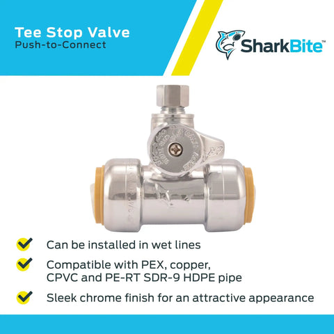 Front view of Three Quarter By Three Quarter By One Quarter Inch Brass Push To Connect Compression Tee Stop Valve for PEX Copper CPVC PERT HDPE