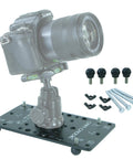 Hassle Free Setup Backpack Ready Low Profile Cheese Plate Mount For Seamless Camera Rigging Compact Flat Tripod Adapter, with camera and hardware.