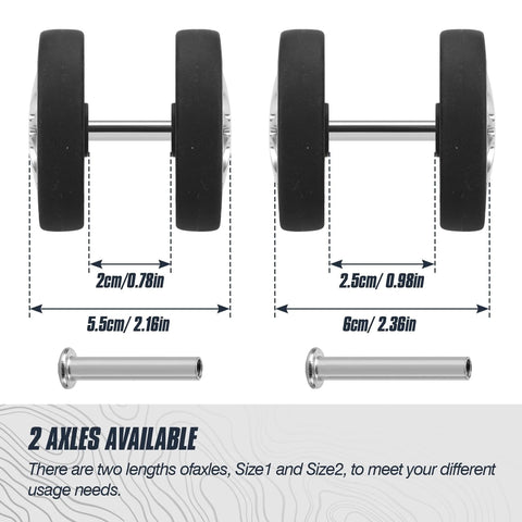 8 Piece Luggage Replacement Wheels Set 50mm Diameter 360 Degree Swivel Rubber Casters with axles and measurements shown