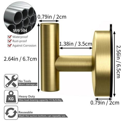 Gold Stainless Steel Suction Hooks For Bathroom And Kitchen, Heavy Duty 15 lb Capacity, dimensions and features displayed