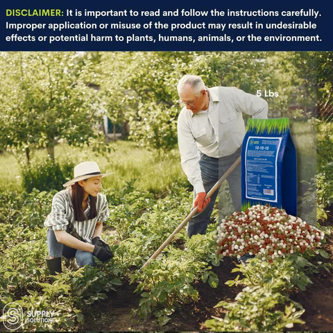 Farmer in garden with bag of 10 10 10 Lawn And Garden Granular Pro Grade Fertilizer With Micronutrients For Soil Health Blooms And Strong Roots Safe For Vegetables Fruits Lawns And Crops Year Round Npk Plant Food For Green Grass And Rich Gardens