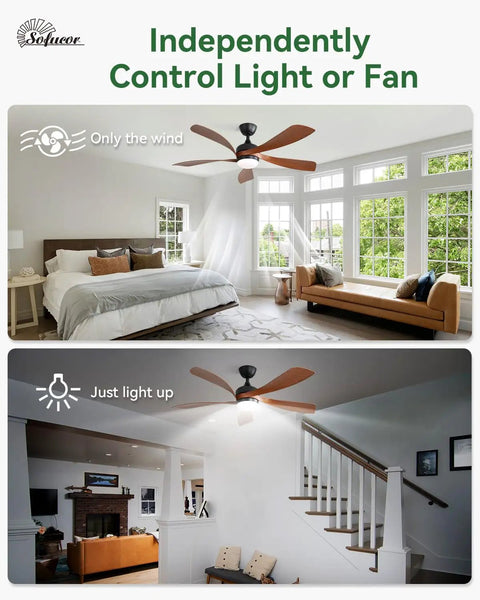 Indoors view of 52 Inch Smart Ceiling Fan With Lights And Remote For Indoor And Outdoor Use, Alexa And Google Assistant Compatible in bedroom and living room