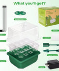 4 Pack Seed Starter Tray With Self Heating And Humidity Control Domes for Indoor Gardening shown with accessories and packaging