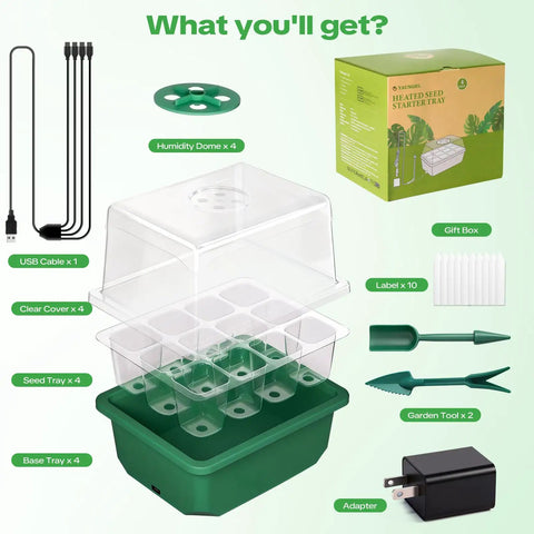4 Pack Seed Starter Tray With Self Heating And Humidity Control Domes for Indoor Gardening shown with accessories and packaging