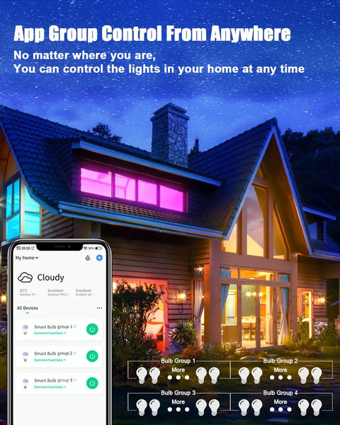 Smart RGB E12 Base Light Bulb Dimmable Color Changing With Alexa And Google Home WiFi Bluetooth shown with app group control