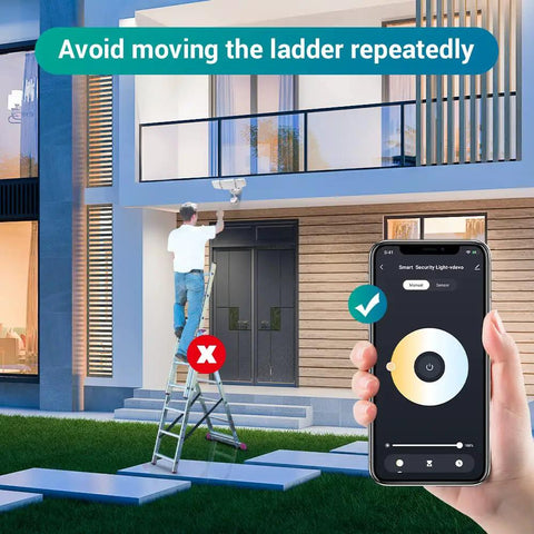 Smart Outdoor Security Flood Light With Motion Sensor, 50W 5500lm, WiFi App Control, shown with ladder against house
