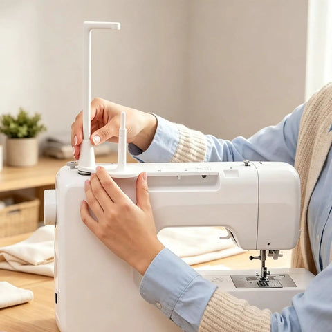 Large Thread Spool Stand For Sewing Machines being added to a white sewing machine, showcasing easy installation for thread.