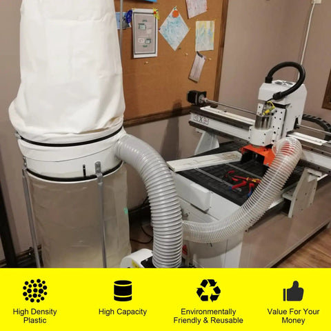 Clear Plastic Dust Collector Bags For 70 And 35 Gallon Systems attached to woodworking machine, emphasizing bag size and material.