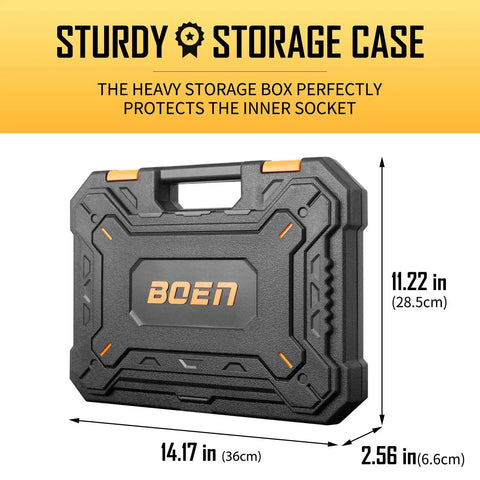 Sturdy case of Three Eighth Inch Drive Impact Socket Set With Ratchet Handle Extension Bar Universal Joint and Adapter.