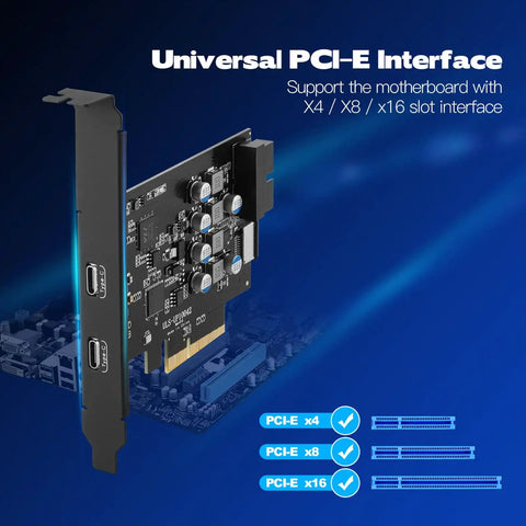 Dope 10Gbps PCIe USB C Expansion Card With Internal Type E To Type C Connector And 19 Pin USB Header, shown on PCI-E x4/x8/x16