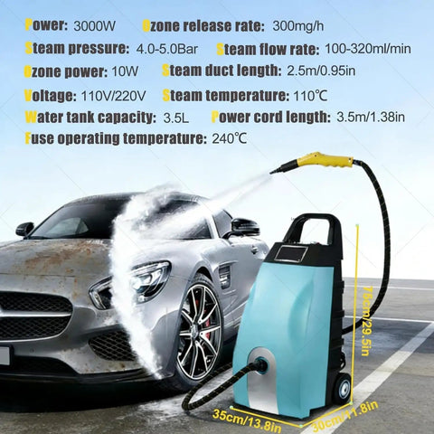 Get Rid Of Stubborn Grime With This Badass Commercial Steam Cleaner cleaning a car with steam, showcasing its 3000W power and hose.
