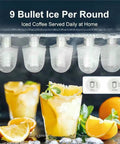 Snap This Ultra Fast Countertop Ice Maker Onto Any Shelf And Pull Out Chilled Bullet Cubes In Minutes Using The Bonus Basket Plus The Grippy Scoop Straight Up Amazing For Tailgate Season Campout Nights And Lazy Summer Evenings Around The Fire Pit with 9 bullet ice cubes above refreshing iced drinks.