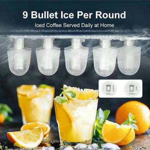 Snap This Ultra Fast Countertop Ice Maker Onto Any Shelf And Pull Out Chilled Bullet Cubes In Minutes Using The Bonus Basket Plus The Grippy Scoop Straight Up Amazing For Tailgate Season Campout Nights And Lazy Summer Evenings Around The Fire Pit with 9 bullet ice cubes above refreshing iced drinks.