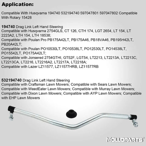 Left Hand Steering Drag Link For Riding Mowers And Lawn Tractors With Rubber Dust Cap, Compatible With Husqvarna 194740 532194740 597047801 597047802 Rotary 15428 Replacement Part shown with dust cap and ends