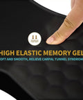 Close-up of ergonomic mouse pad with wrist support and massage design for pain relief memory foam cushion, finger pressing gel surface.