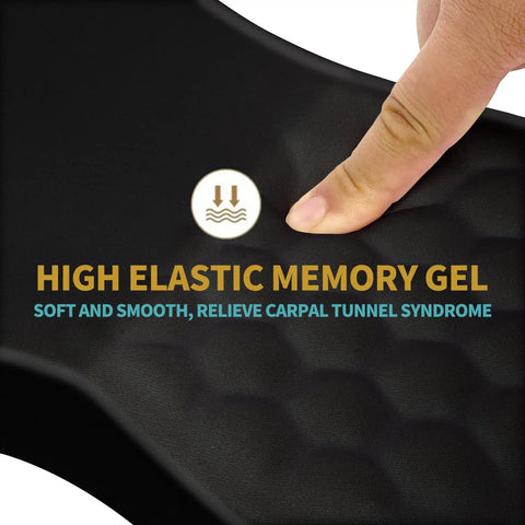 Close-up of ergonomic mouse pad with wrist support and massage design for pain relief memory foam cushion, finger pressing gel surface.