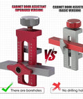 Comparison of red upgraded version with boreholes and grey basic version of cabinet door assistant jigs.