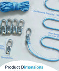 Six Pack Heavy Duty Paracord Rope Roller Tensioner Kit With Retractable Buckle And Cam Buckle Adjuster, shown with dimensions.