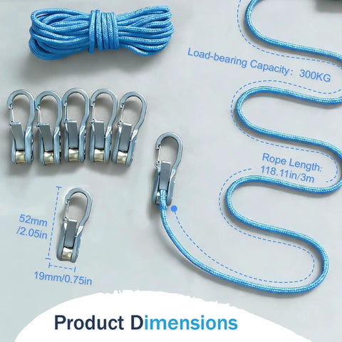 Six Pack Heavy Duty Paracord Rope Roller Tensioner Kit With Retractable Buckle And Cam Buckle Adjuster, shown with dimensions.