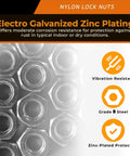 3/4-10 Nylon Insert Lock Nuts, Grade 8 Zinc Plated Carbon Steel, shown with corrosion resistance and vibration-proof features