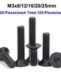 Visible image of 125 Piece Grade Ten Point Nine Alloy Steel Flat Head Hex Socket Cap Screws Set M3 X 8 12 16 20 25 MM With Allen Key Black Oxide Finish Fully Threaded For Heavy Duty Projects, showing different sizes.
