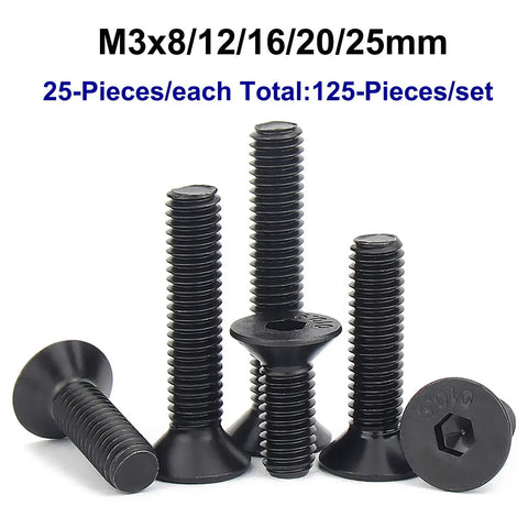 Visible image of 125 Piece Grade Ten Point Nine Alloy Steel Flat Head Hex Socket Cap Screws Set M3 X 8 12 16 20 25 MM With Allen Key Black Oxide Finish Fully Threaded For Heavy Duty Projects, showing different sizes.