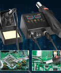 Slick 2 In 1 ReWork Soldering Station Rig featuring hot air gun and soldering iron, digital display, adjustable temperature for SMD jobs.