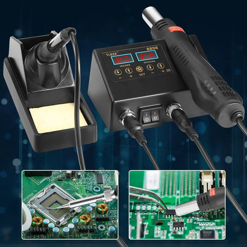 Slick 2 In 1 ReWork Soldering Station Rig featuring hot air gun and soldering iron, digital display, adjustable temperature for SMD jobs.