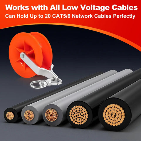 No Hassle Cable Pulley Kit For Low Voltage Network Wiring, showing dual-wheel design with low voltage wires.
