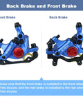 Two blue XTECH hydraulic disc brake calipers for MTB, front and rear, with red adjuster knob.