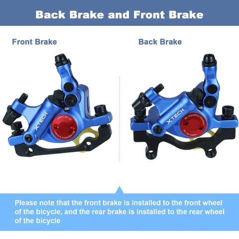 Two blue XTECH hydraulic disc brake calipers for MTB, front and rear, with red adjuster knob.