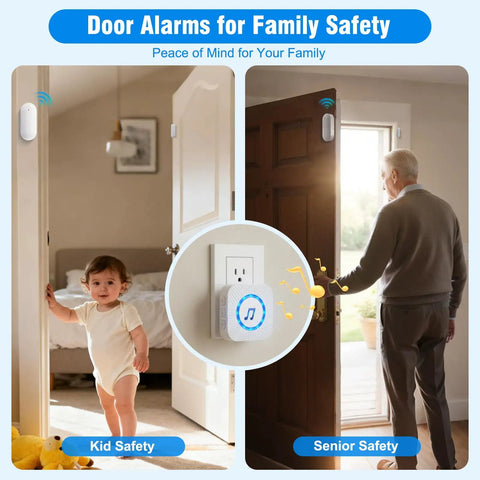Wireless Door Chime Alarm System With Adjustable Volume And 500 Ft Indoor Range Includes 5 Magnetic Door Sensors And 2 Plug In Receivers Perfect Home Or Small Office Alert Kit No Fuss Setup shown in home setting with child and senior