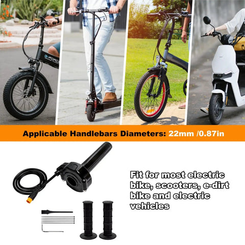 Full Twist Throttle Kit For 12V To 72V E Bikes And Scooters 3 Pin Surron Style Waterproof, shown on various electric vehicles