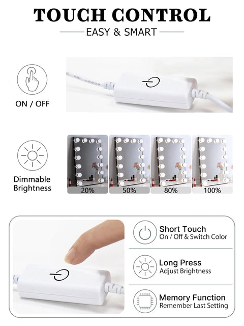 Touch dimmer for 14 Bulb Vanity Lighting Kit For Makeup Mirror With Plug In Power Adapter And Touch Dimmer 6000K Cool White Up To 1350 Lumens CRI 90 Mirror Not Included