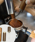 Two Pack Espresso Distribution Tool Set With Walnut And Rosewood Wood Handle Five Needle Espresso Stirrers for even extraction.
