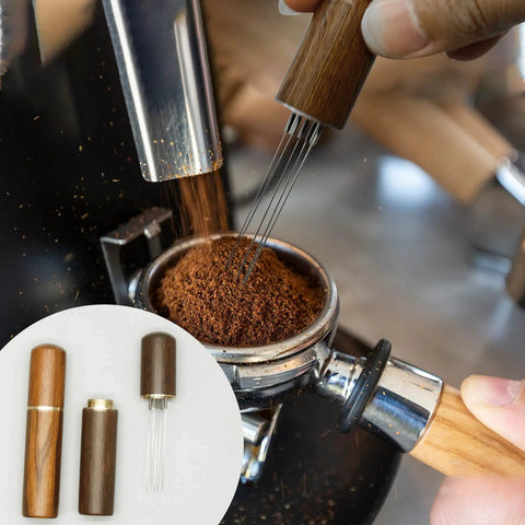 Two Pack Espresso Distribution Tool Set With Walnut And Rosewood Wood Handle Five Needle Espresso Stirrers for even extraction.