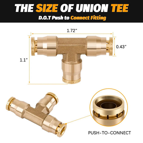 Pro Grade One Quarter Inch Tee Union Push To Connect Brass Air Brake Line Fittings Four Pack DOT Approved Quick Push To Connect Connectors