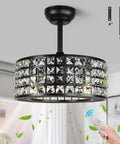 Sleek Bladeless Ceiling Fan With Remote, Crystal Chandelier Light, 17.7 Inch Black Farmhouse Ceiling Fan, remote in hand, green leaves