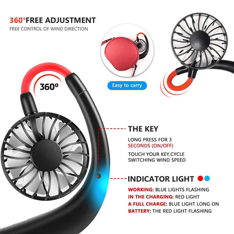 Diagram of Neck Wearable Portable Fan With 2500mAh Battery USB Rechargeable Hands Free Dual Head Rotatable Mini Face Cooling
