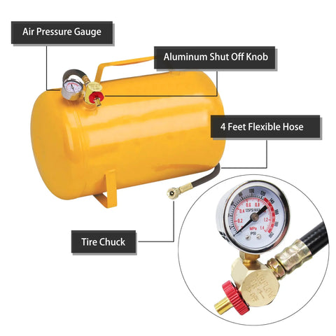 Heavy-Duty Air Tank Valve Kit Featuring Rock-Solid Aluminum Gauge And Durable Brass Manifold Alongside Four Foot PVC Hose Assembly, yellow tank with gauge and hose.