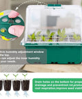 Pro Grade Seed Starter Kit with humidity control, seedlings in trays, visible drain holes for root health, 5 pack system.