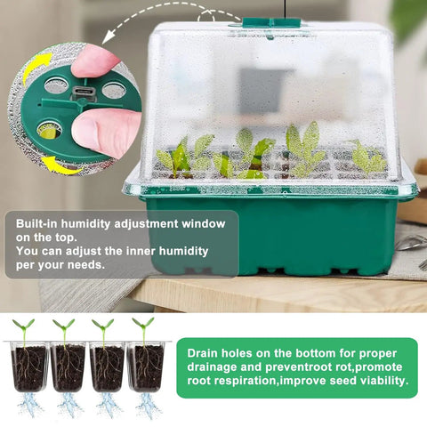 Pro Grade Seed Starter Kit with humidity control, seedlings in trays, visible drain holes for root health, 5 pack system.