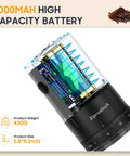 Lightning Fast Portable Electric Coffee Grinder With Smooth Ceramic Burr And 38 Adjustable Grind Settings Charges On The Fly, showing 2000mAh battery.